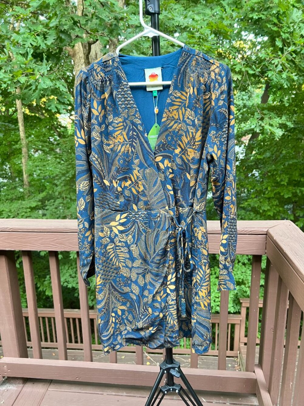 NWT Farm Rio Gold Blue Floral Forest Wrap Mini Dress Long Sleeve Size S - Picture 5 of 15